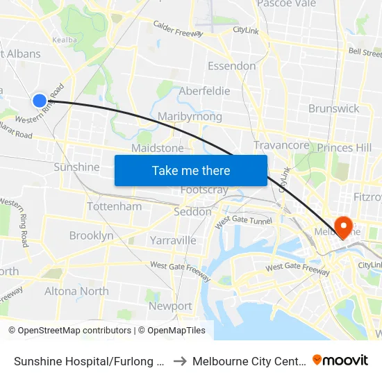 Sunshine Hospital/Furlong Rd to Melbourne City Centre map