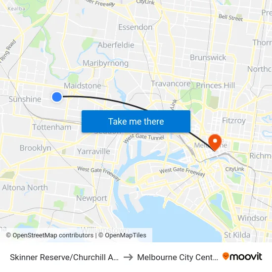 Skinner Reserve/Churchill Ave to Melbourne City Centre map