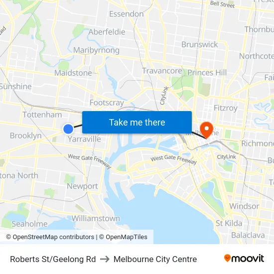 Roberts St/Geelong Rd to Melbourne City Centre map