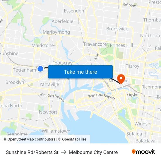 Sunshine Rd/Roberts St to Melbourne City Centre map