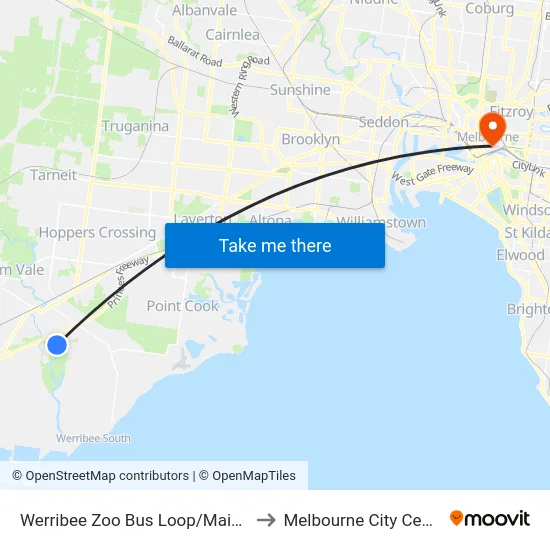 Werribee Zoo Bus Loop/Main Dr to Melbourne City Centre map