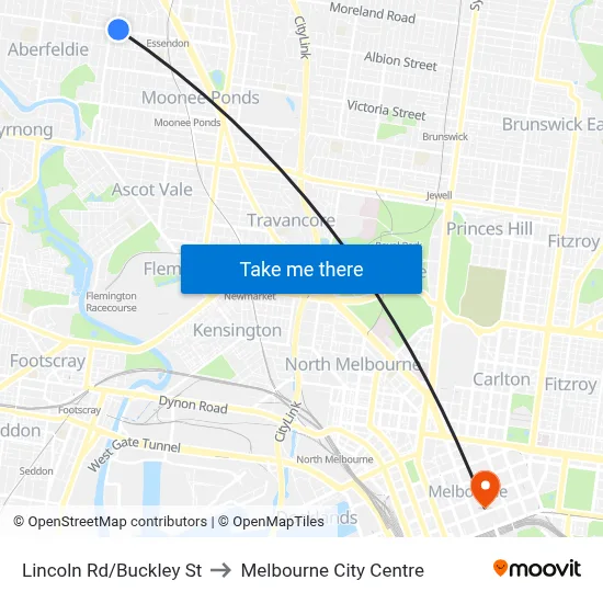 Lincoln Rd/Buckley St to Melbourne City Centre map