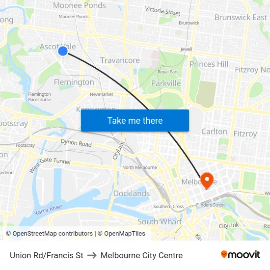 Union Rd/Francis St to Melbourne City Centre map