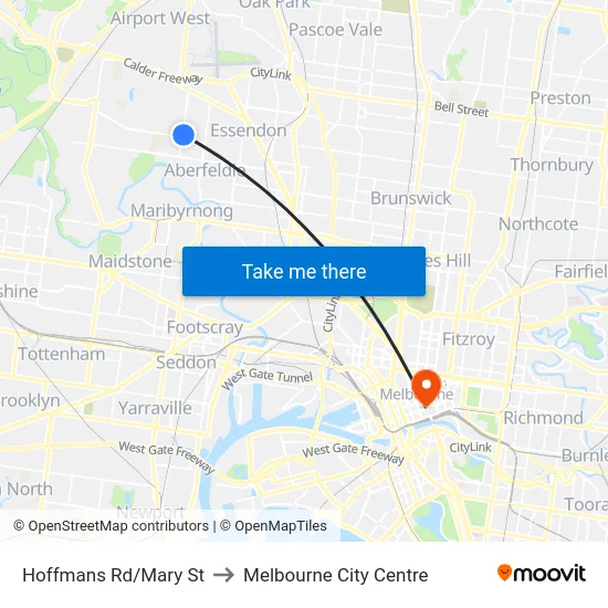 Hoffmans Rd/Mary St to Melbourne City Centre map