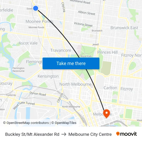 Buckley St/Mt Alexander Rd to Melbourne City Centre map