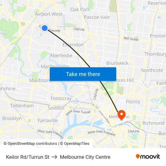 Keilor Rd/Turrun St to Melbourne City Centre map