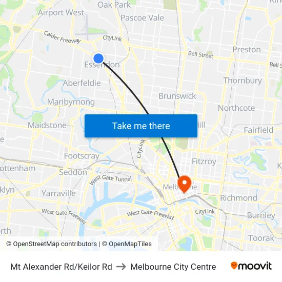 Mt Alexander Rd/Keilor Rd to Melbourne City Centre map