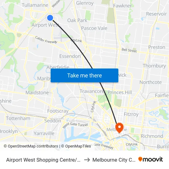 Airport West Shopping Centre/Louis St to Melbourne City Centre map