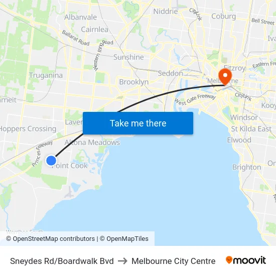 Sneydes Rd/Boardwalk Bvd to Melbourne City Centre map