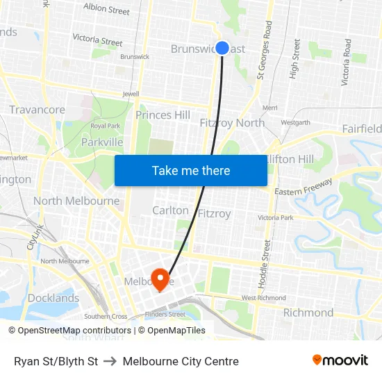 Ryan St/Blyth St to Melbourne City Centre map