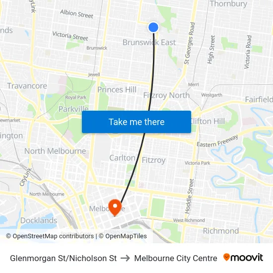 Glenmorgan St/Nicholson St to Melbourne City Centre map