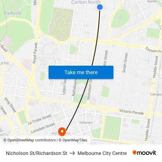Nicholson St/Richardson St to Melbourne City Centre map