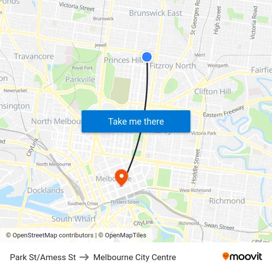 Park St/Amess St to Melbourne City Centre map