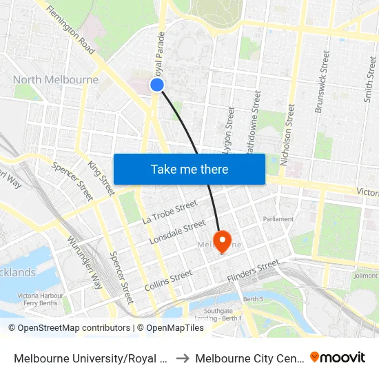 Melbourne University/Royal Pde to Melbourne City Centre map