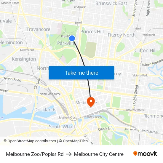 Melbourne Zoo/Poplar Rd to Melbourne City Centre map
