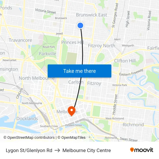 Lygon St/Glenlyon Rd to Melbourne City Centre map