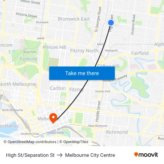 High St/Separation St to Melbourne City Centre map