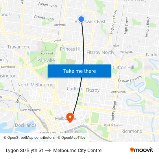 Lygon St/Blyth St to Melbourne City Centre map