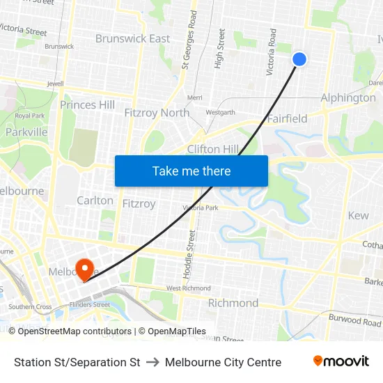 Station St/Separation St to Melbourne City Centre map