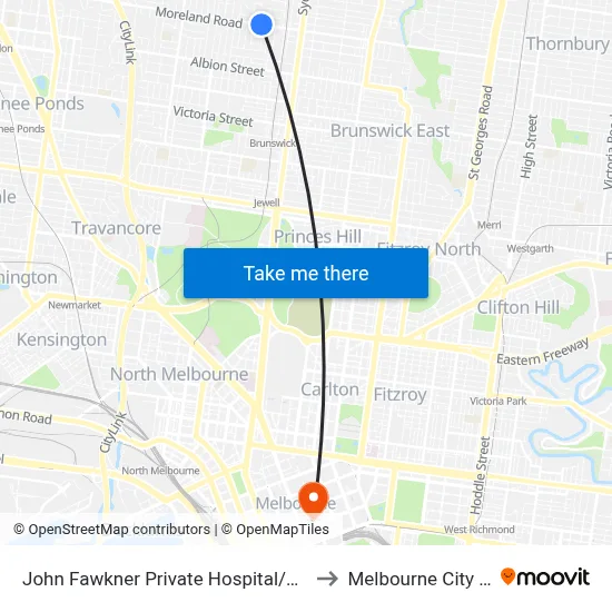 John Fawkner Private Hospital/Moreland Rd to Melbourne City Centre map