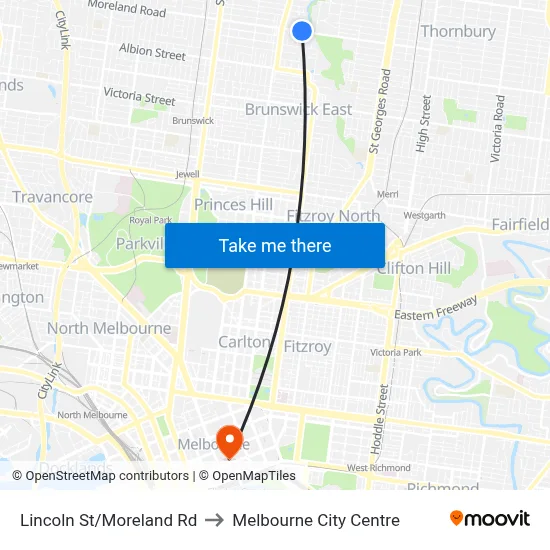 Lincoln St/Moreland Rd to Melbourne City Centre map