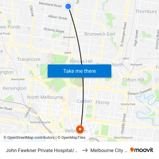 John Fawkner Private Hospital/Moreland Rd to Melbourne City Centre map