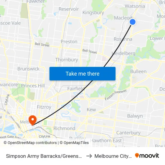 Simpson Army Barracks/Greensborough Hwy to Melbourne City Centre map