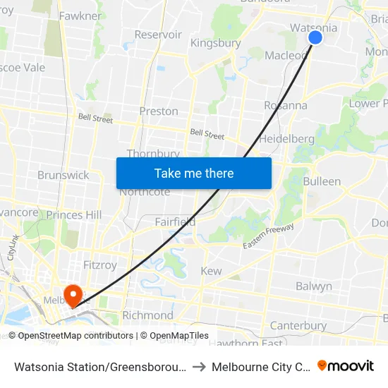 Watsonia Station/Greensborough Hwy to Melbourne City Centre map