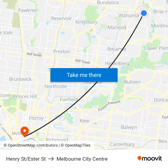 Henry St/Ester St to Melbourne City Centre map