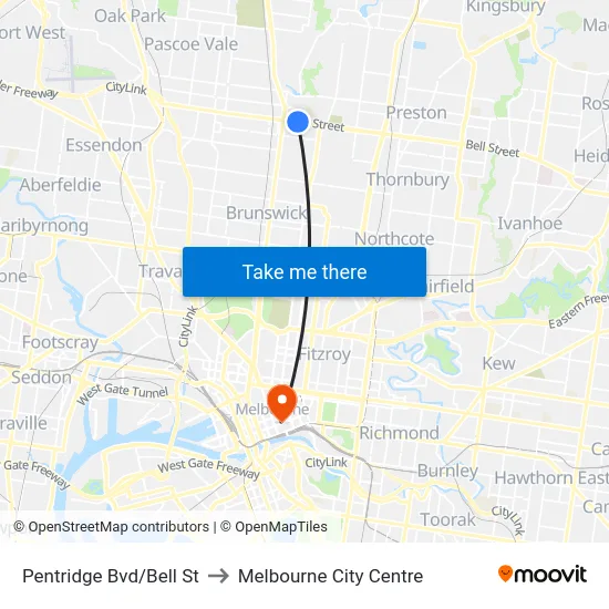Pentridge Bvd/Bell St to Melbourne City Centre map