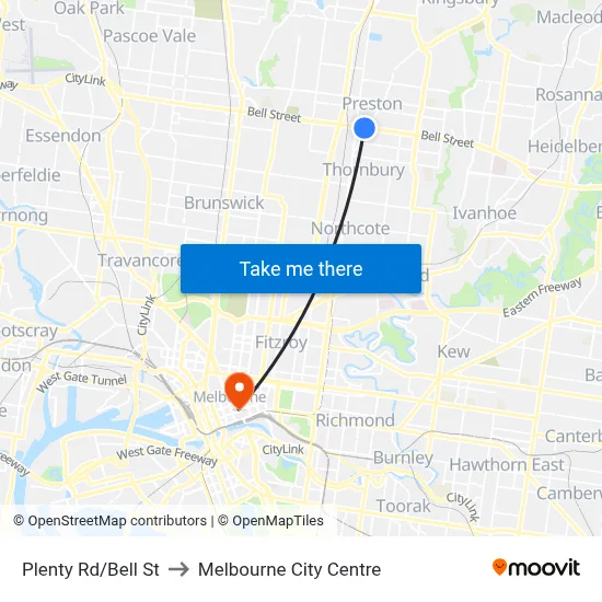 Plenty Rd/Bell St to Melbourne City Centre map
