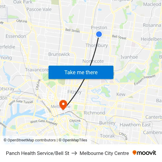 Panch Health Service/Bell St to Melbourne City Centre map