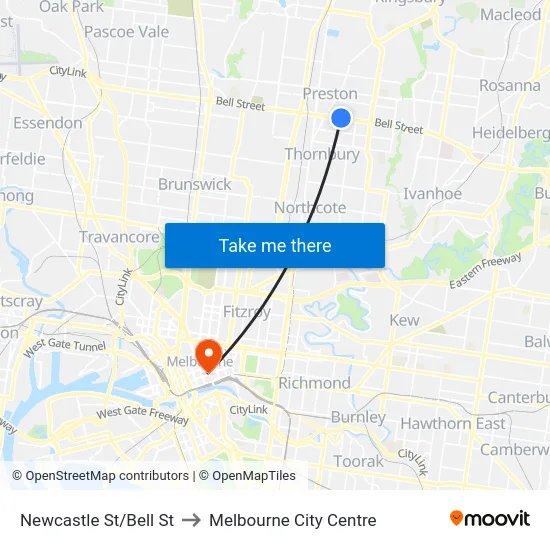 Newcastle St/Bell St to Melbourne City Centre map