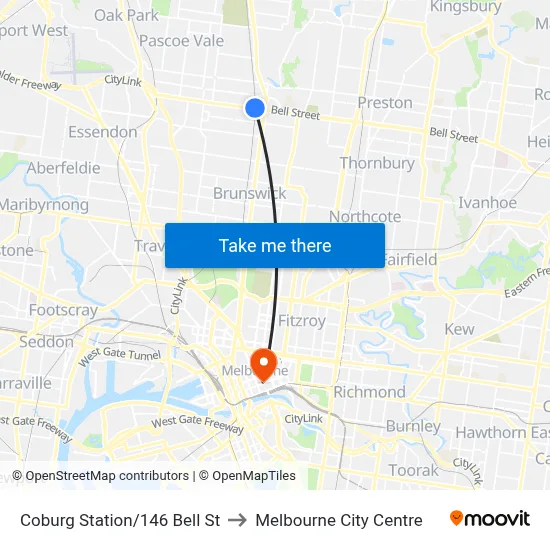 Coburg Station/146 Bell St to Melbourne City Centre map