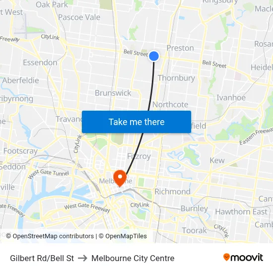 Gilbert Rd/Bell St to Melbourne City Centre map