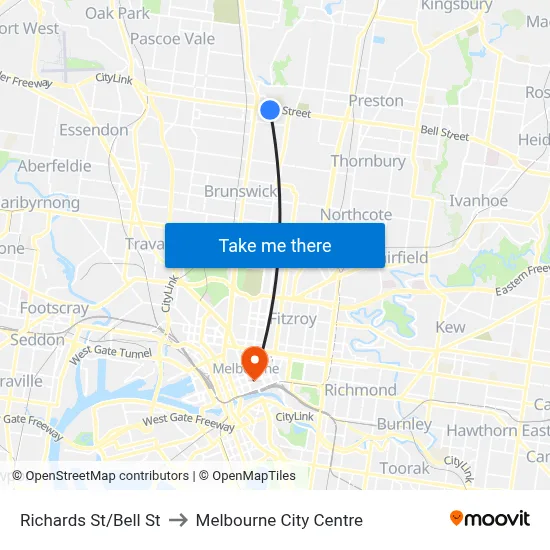 Richards St/Bell St to Melbourne City Centre map