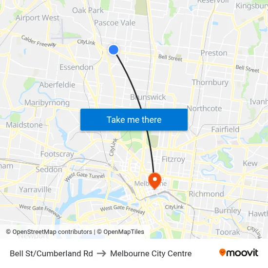Bell St/Cumberland Rd to Melbourne City Centre map