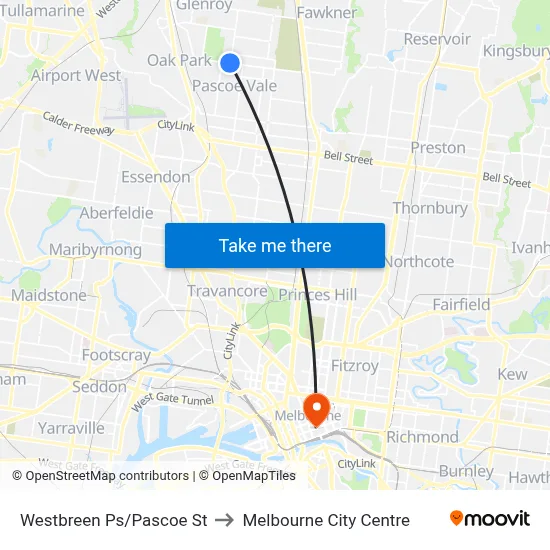 Westbreen Ps/Pascoe St to Melbourne City Centre map