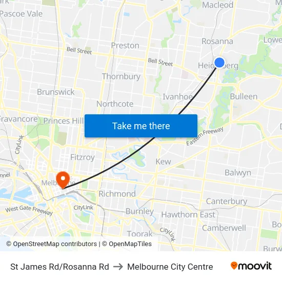 St James Rd/Rosanna Rd to Melbourne City Centre map