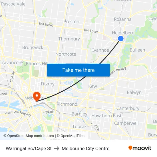 Warringal Sc/Cape St to Melbourne City Centre map