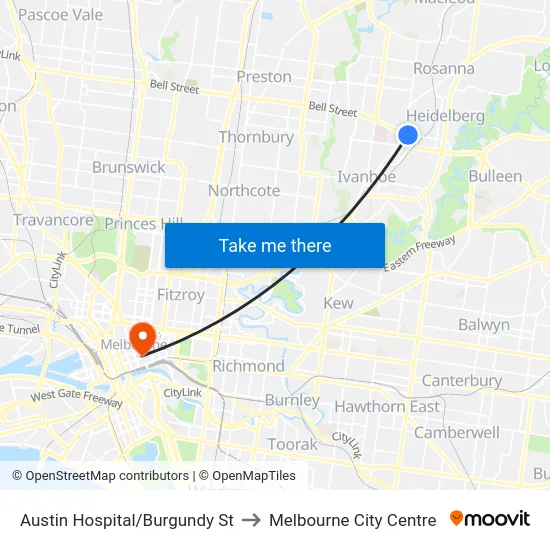 Austin Hospital/Burgundy St to Melbourne City Centre map