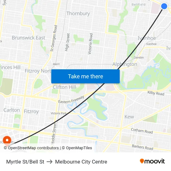 Myrtle St/Bell St to Melbourne City Centre map