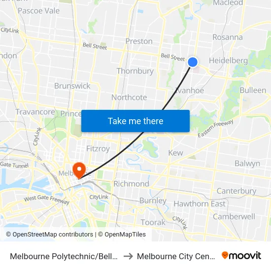 Melbourne Polytechnic/Bell St to Melbourne City Centre map