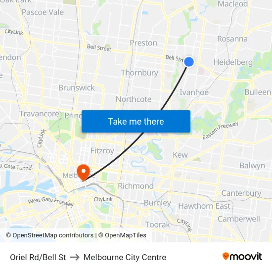 Oriel Rd/Bell St to Melbourne City Centre map