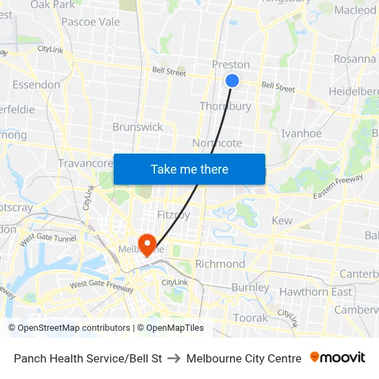 Panch Health Service/Bell St to Melbourne City Centre map