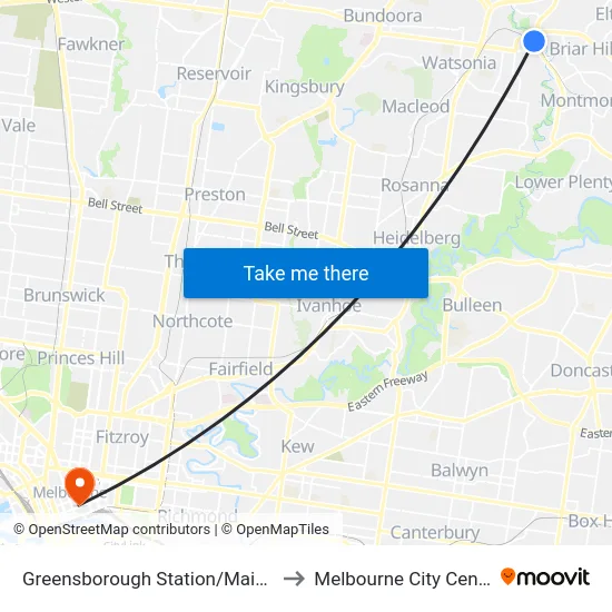 Greensborough Station/Main St to Melbourne City Centre map