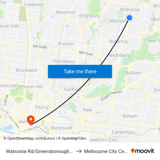 Watsonia Rd/Greensborough Hwy to Melbourne City Centre map