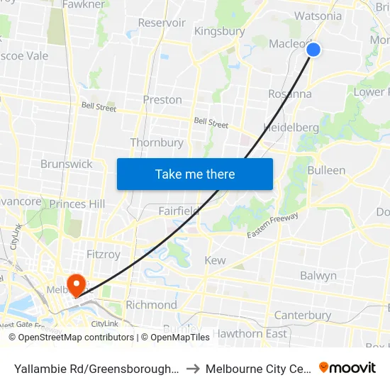 Yallambie Rd/Greensborough Hwy to Melbourne City Centre map