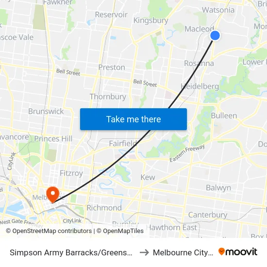 Simpson Army Barracks/Greensborough Hwy to Melbourne City Centre map