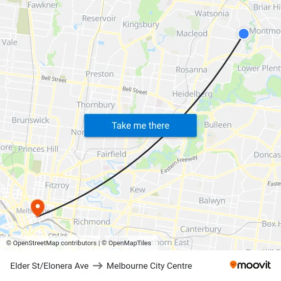 Elder St/Elonera Ave to Melbourne City Centre map